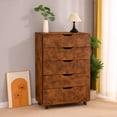 thumbnail image 2 of CQSXDA 5 Drawer Dresser on Wheels Rustic Style Rolling Storage Cabinet for Bedroom Closet Organizer 30.71" W, 
Rustic Brown, 2 of 6