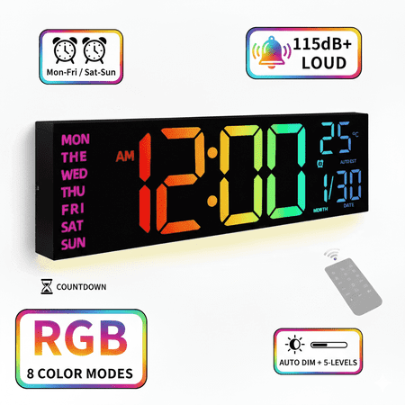 LEIKE 16.2 Large Digital Wall Clock with 8 Colors, 5-Level Brightness Adjustment, Battery Operated, Temperature Display, Big Numbers for Bedroom Office Living Room