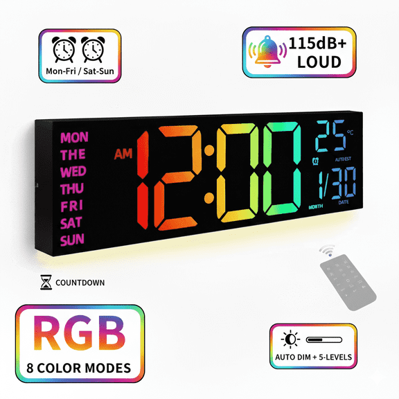LEIKE 16.2" Large Digital Wall Clock with 8 Colors, 5-Level Brightness Adjustment, Battery Operated, Temperature Display, Big Numbers for Bedroom Office Living Room