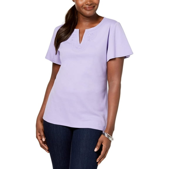 Karen Scott Womens Embellished Split Neck T-Shirt Purple S