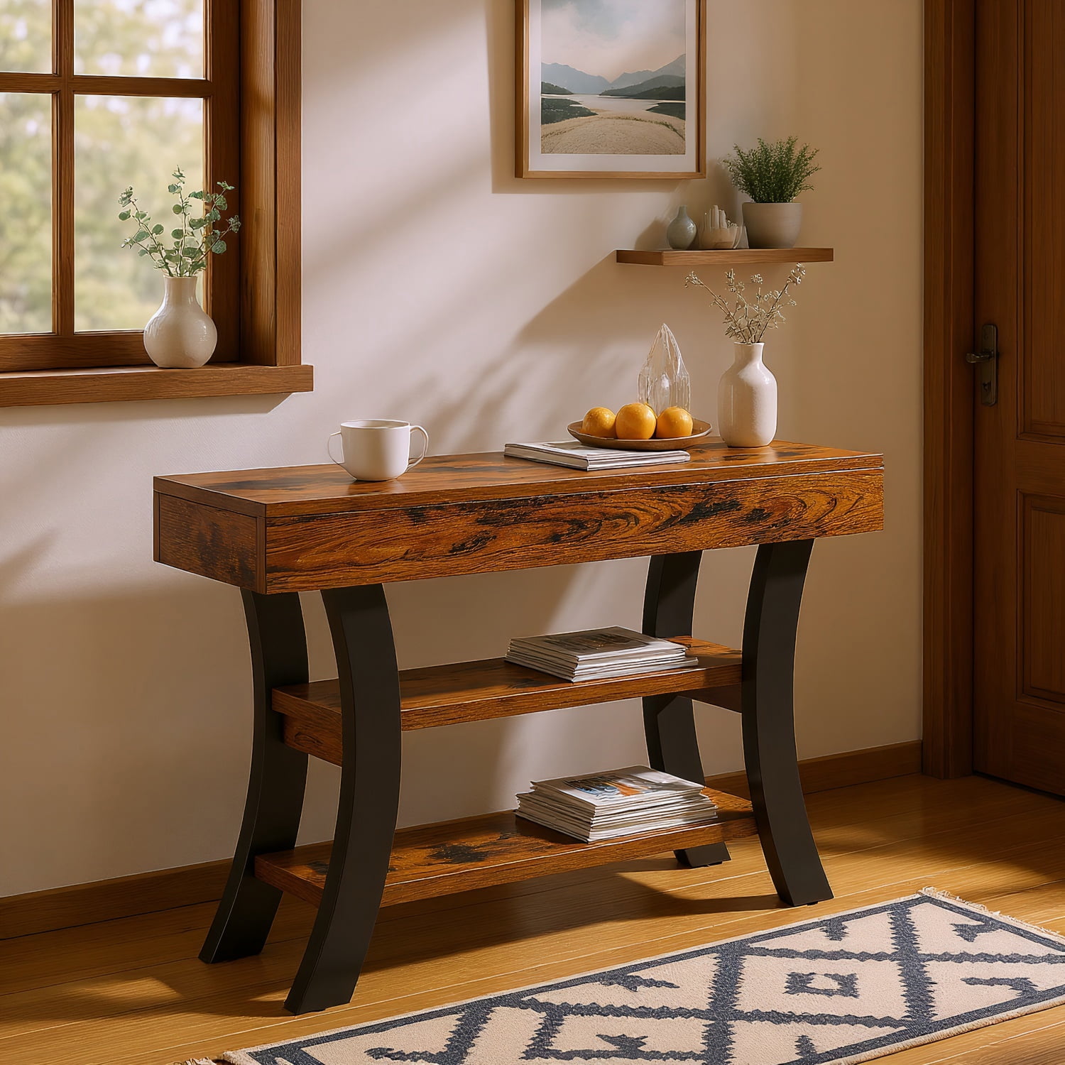 Spaco Industrial Rustic Console Table with Shelves and Metal Curved Legs, Entryway Sofa Side Table for Indoor as Living Room, Bedroom, Brown