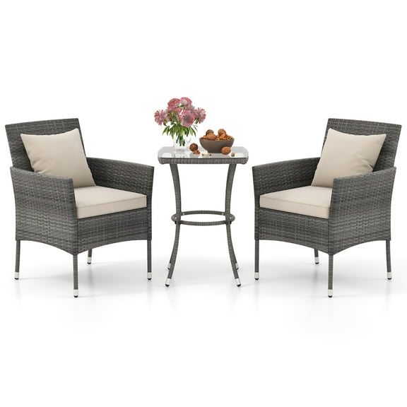 Gymax 3-Piece Patio Furniture Set PE Wicker Conversation Bistro Set w/ A Tempered Glass Table