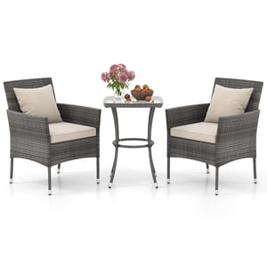 Gymax 3-Piece PE Wicker Patio Conversation Set, Gray