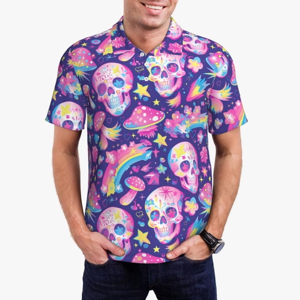 Fotbe Skull rainbow mushroom colorful Camiseta Polo de Golf para Hombre con Estampado – Camisa Deportiva Transpirable con Cuello Abotonado-Large