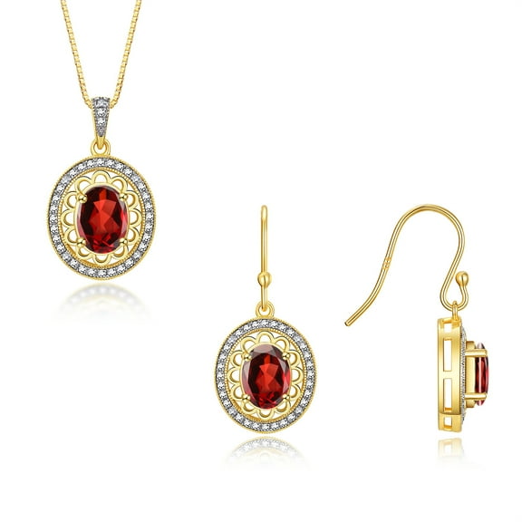 RYLOS Matching Jewelry Set Yellow Gold Plated Silver Princess Diana Inspired Earrings & Pendant Necklace with 18" Chain Gemstone & Diamonds 8X6MM Garnet January Birthstone