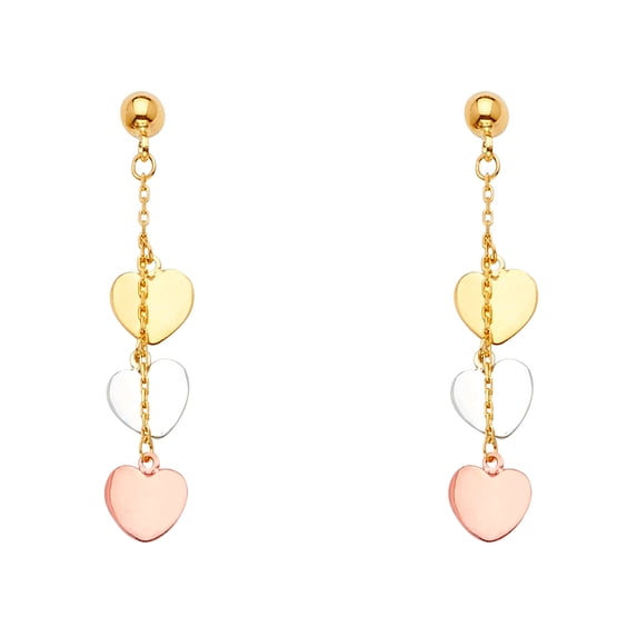 FB Jewels 14K White Yellow And Rose Gold Three Hearts Hanging Chandelier Dangle Womens Earrings 40MM X 8MM