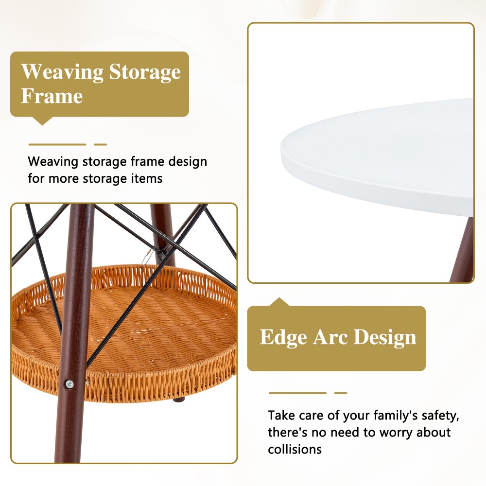 31.5" Round Dining Table, White MDF Vacuum-Formed Tabletop with Walnut Solid Wood Legs, Woven Storage Basket, Modern Kitchen Table for 2-4