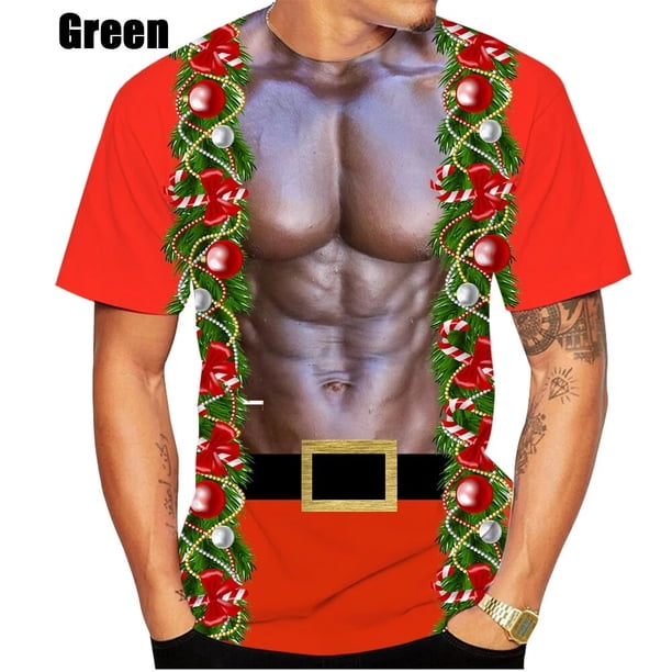 Camiseta navideña para hombre, camiseta roja con cuello redondo de Papá Noel para hombre, ropa de calle de gran tamaño a la moda, Tops de manga corta, ropa Harajuku para hombre