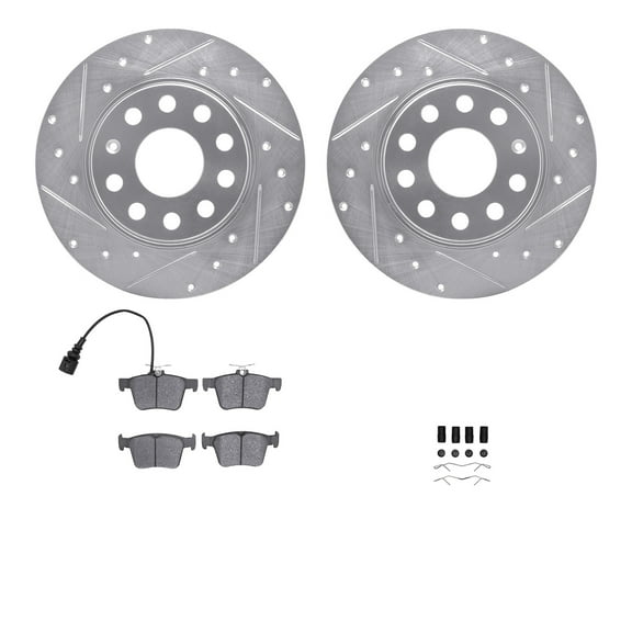 Dynamic Friction Company Rear Brake Rotors-Drilled and Slotted-Silver with 5000 Euro Ceramic Brake Pads includes Hardware 7612-74040