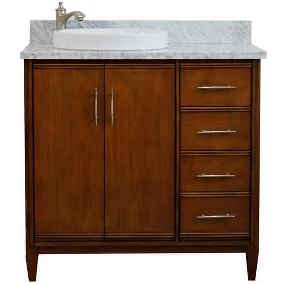 MCM 37" Single Solid Wood Vanity with Left Round Sink in Walnut/White