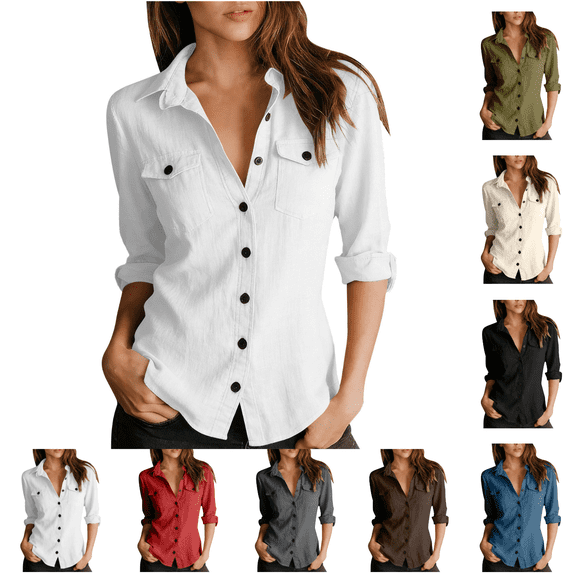 Utoimkio Women's Long Sleeve Button Down Shirts Cotton Linen Dress Shirts Casual Spring Fall Tops Work Blouses Size S-XXL