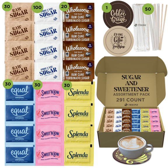Sugar and Sweetener Packets Assortment - 291ct - Splenda, Equal, Sweet n Low, Sugar in the Raw Organic, Brown, and Cane Sugar