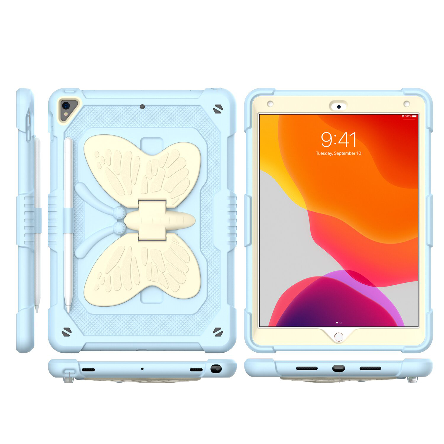 Case For Apple iPad Air (11 inch) 2024 Butterfly Wings Kickstand Tough 3in1 Hybrid with Pencil Holder Rugged Shockproof with Shoulder Strap Tablet Cover [ Light Blue ]