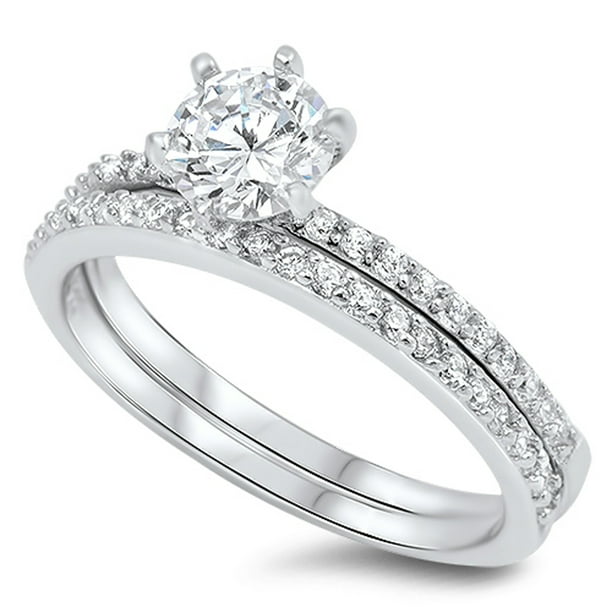 Round Solitaire Wedding Set White CZ Ring ( Sizes 4 5 6 7 8 9 10 11 ) .925 Sterling Silver Band Rings (Size 9)