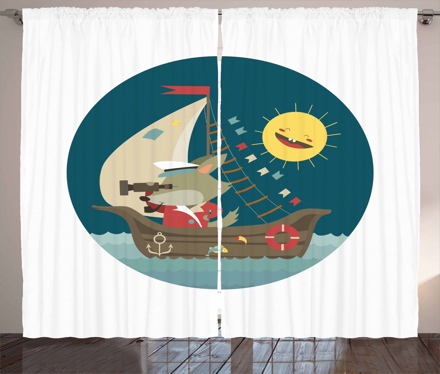 Kids Boys Curtains 2 Panels Set Wolf Captain Sailing Into The Ocean Nautical Themed Cartoon With Laughing Sun Window Drapes For Living Room Bedroom 108w X 90l Inches Multicolor By Ambesonne