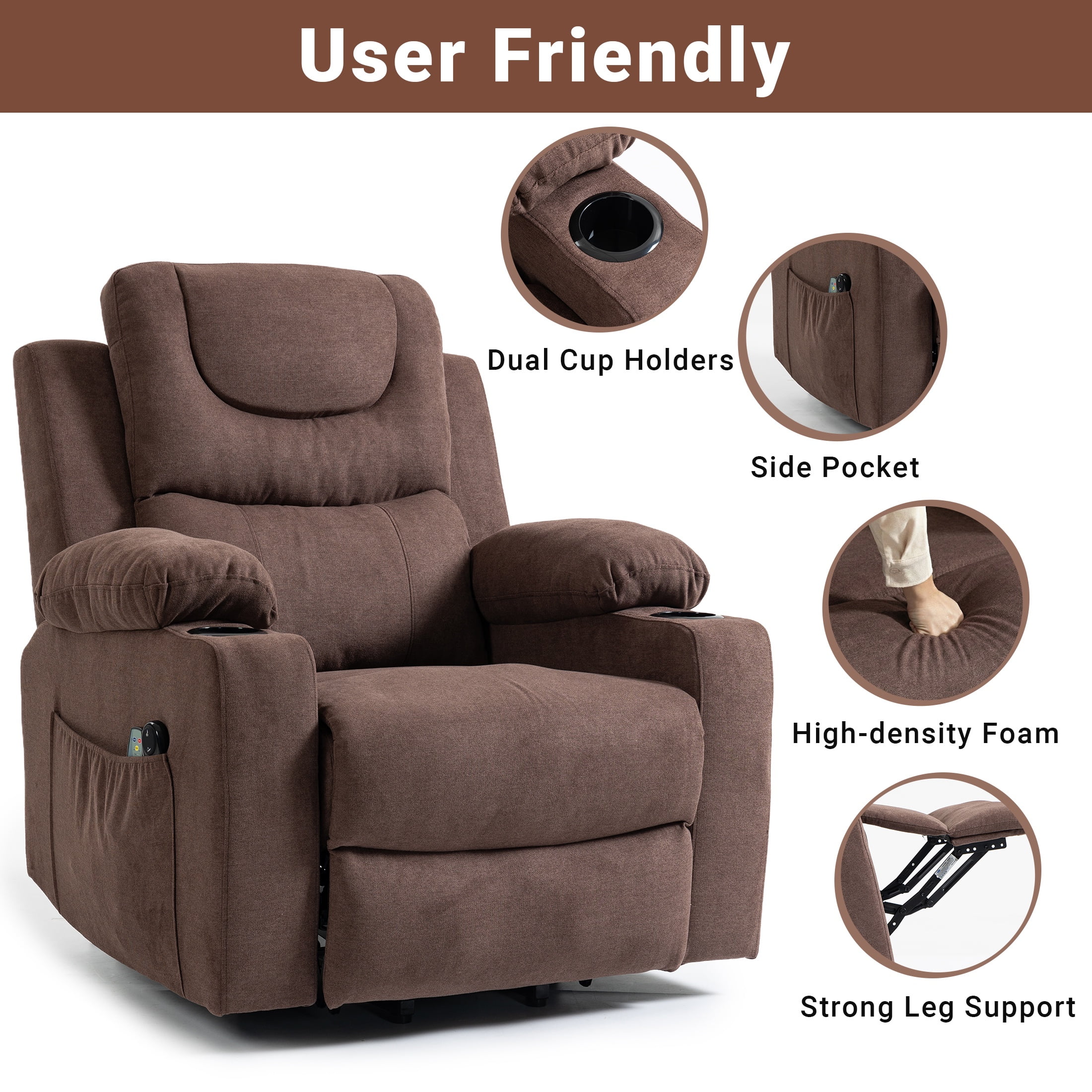 HSUNNS Power Lift Recliner Chair for Elderly, Electric Lift Chair with Heat & Massage, Infinite Position Reclining Sofa with Side Pocket for Living Room, Brown