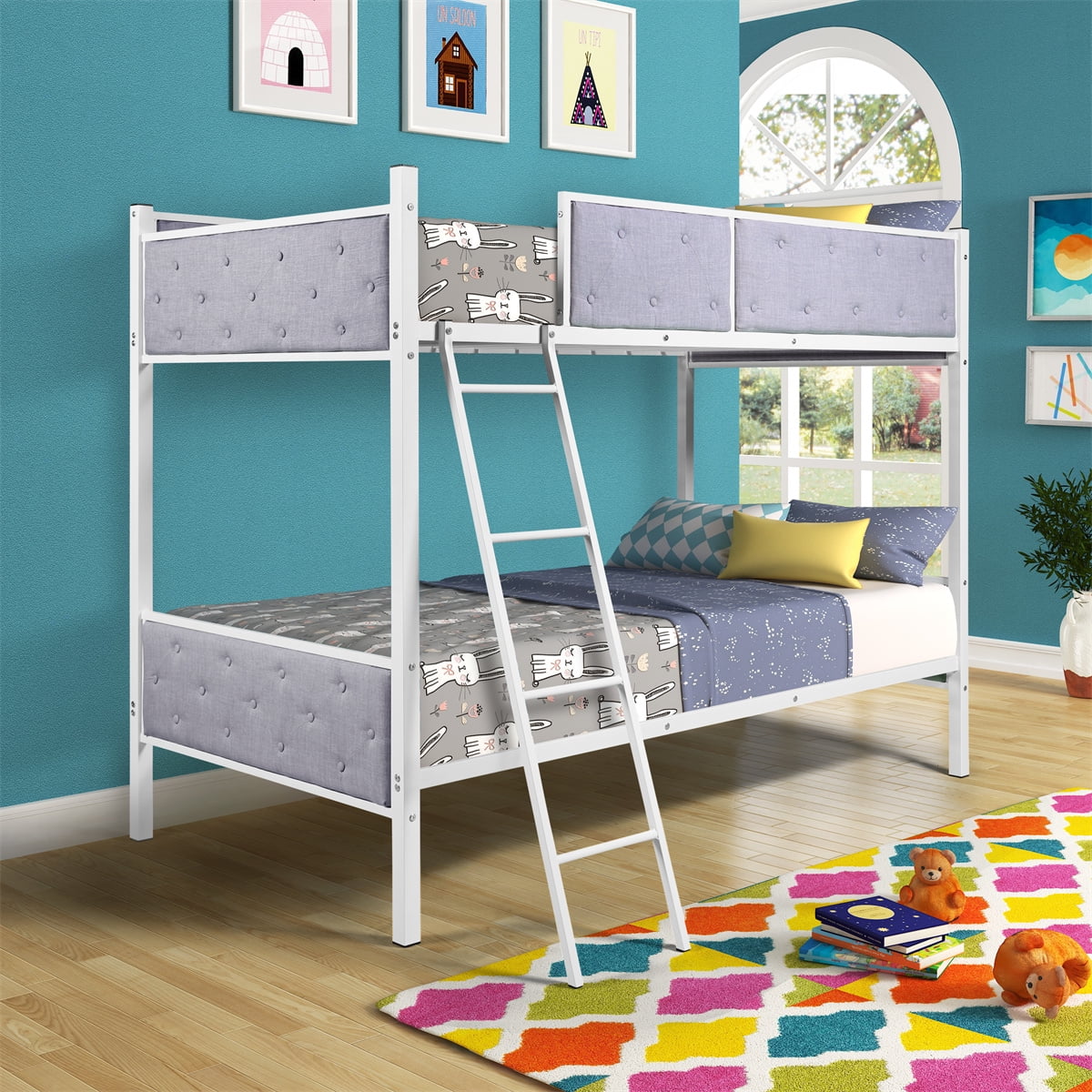 Upholstered Twin Over Bunk Bed with Safe Rails Sturdy Steel Frame Space Saving Bedroom Furniture