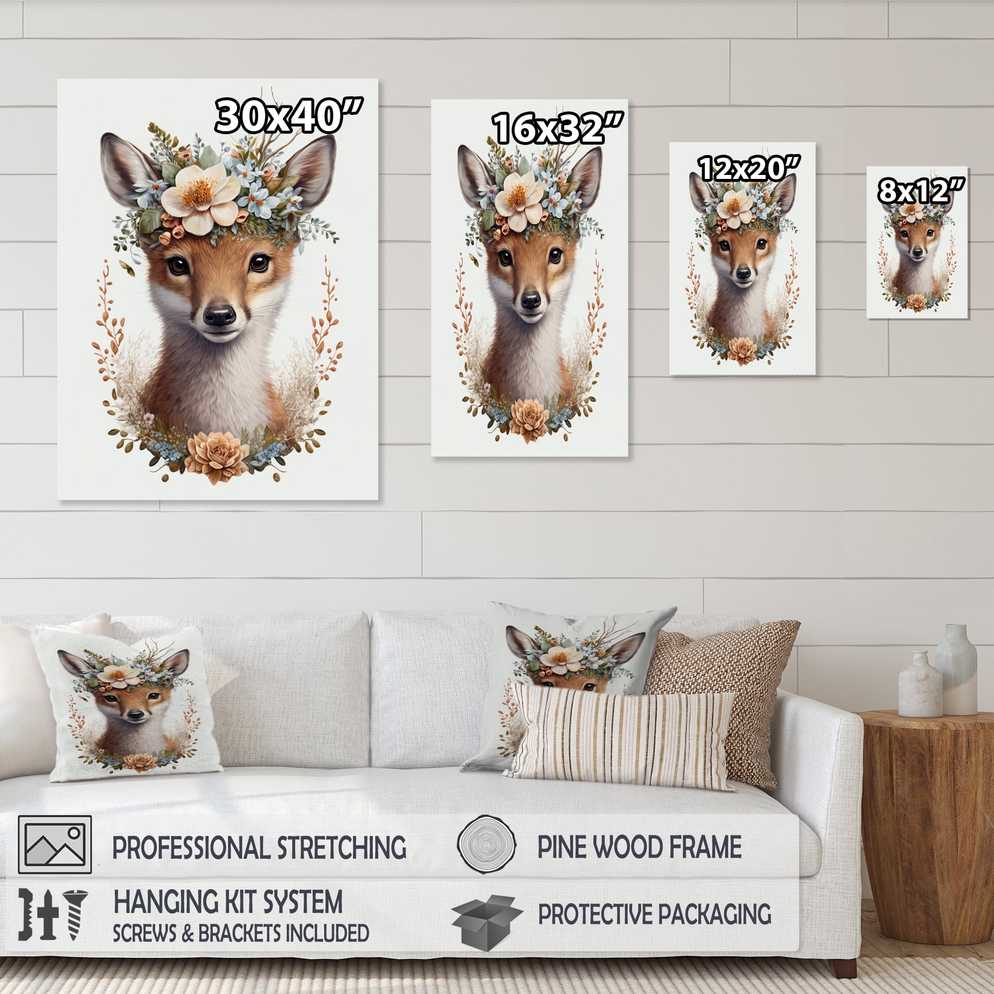 Designart Cute Baby Fox With Floral Crown I Canvas Wall Art