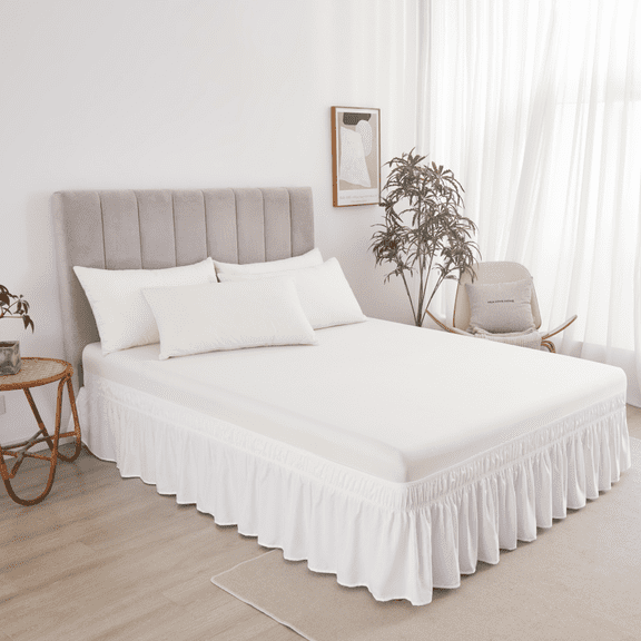 suxuMhao Ruffled Wrap Around Elastic Bed Skirt King Size, White - 78×80 Inch Mattress Fit with 15 Inch Drop, 1 Piece Bedding Skirt for Bedroom Decor​,Soft Dust-Proof Bed Skirt