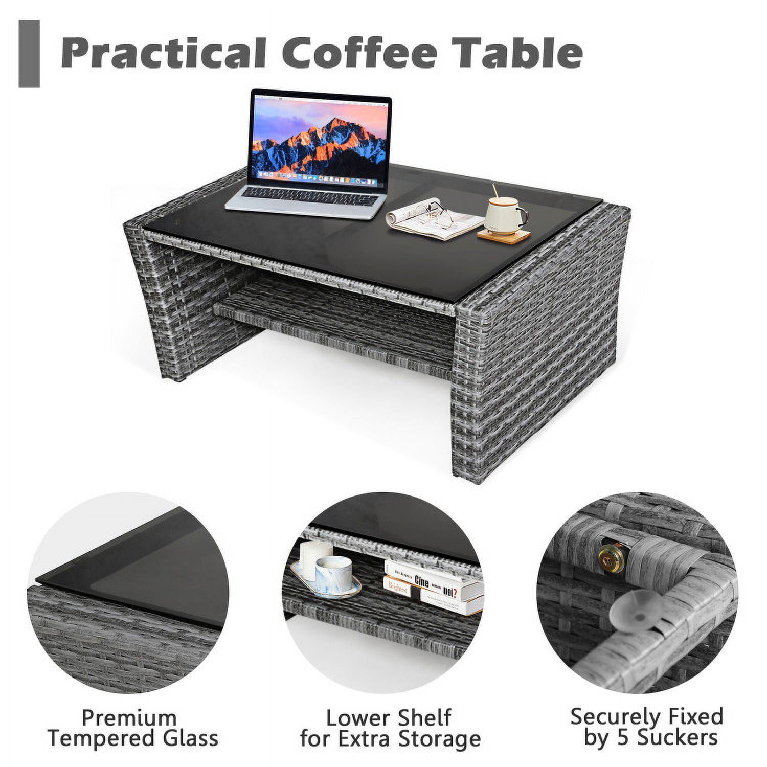Aimee Lii 4 Pieces Wicker Patio Furniture Set Sofa Table with Storage Shelf Cushion, Modern Patio Furniture, Gray Aimee Lii 4 Pieces Wicker Patio Furniture Set Sofa Table with Storage Shelf Cushion, Modern Patio Furniture, Gray
