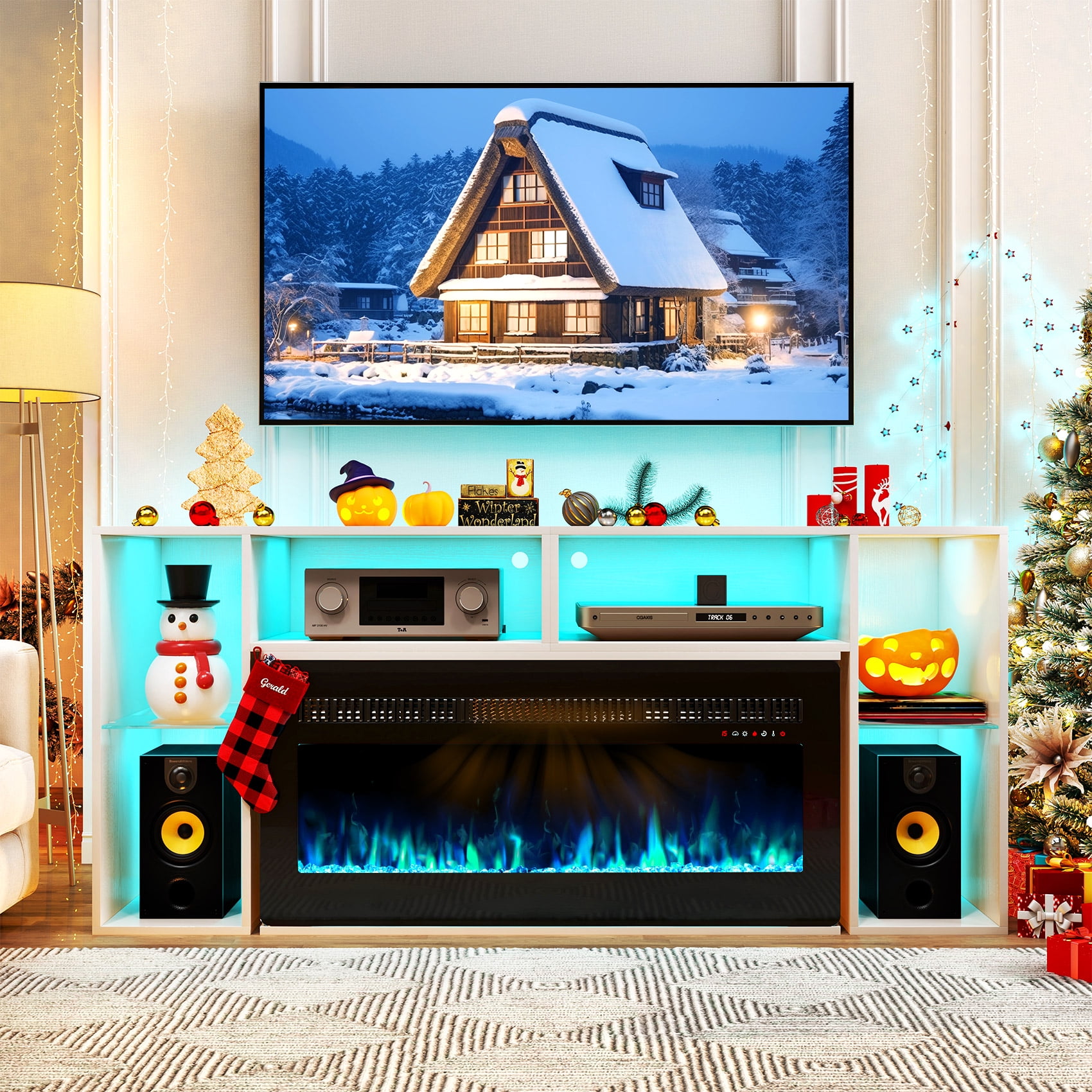 Teal tv on sale stand with fireplace