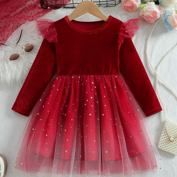 JIAYUE Girls Valentines Day Dresses Sequins A Line Crew Neck Long Sleeve Drop Shoulder Mid-Length Ruffled For Child Casual Party Wear