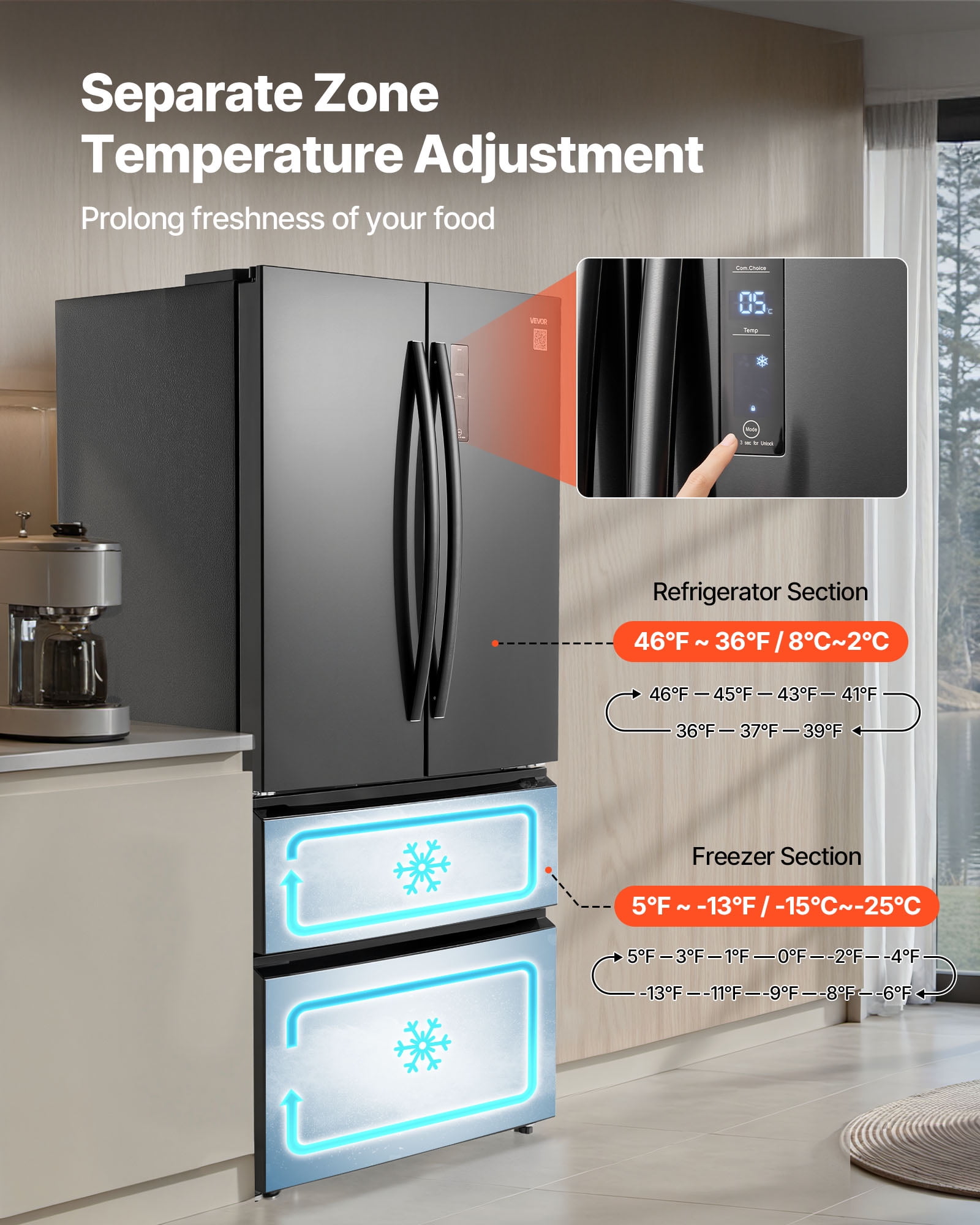 VEVOR French Door Refrigerator, 18.9 Cu. Ft. Kitchen Fridge,Counter Depth French Refrigerator with LED Display and 4 Casters,Frost-Free Bottom Freezer Refrigerators for Home & Commercial Use,Black