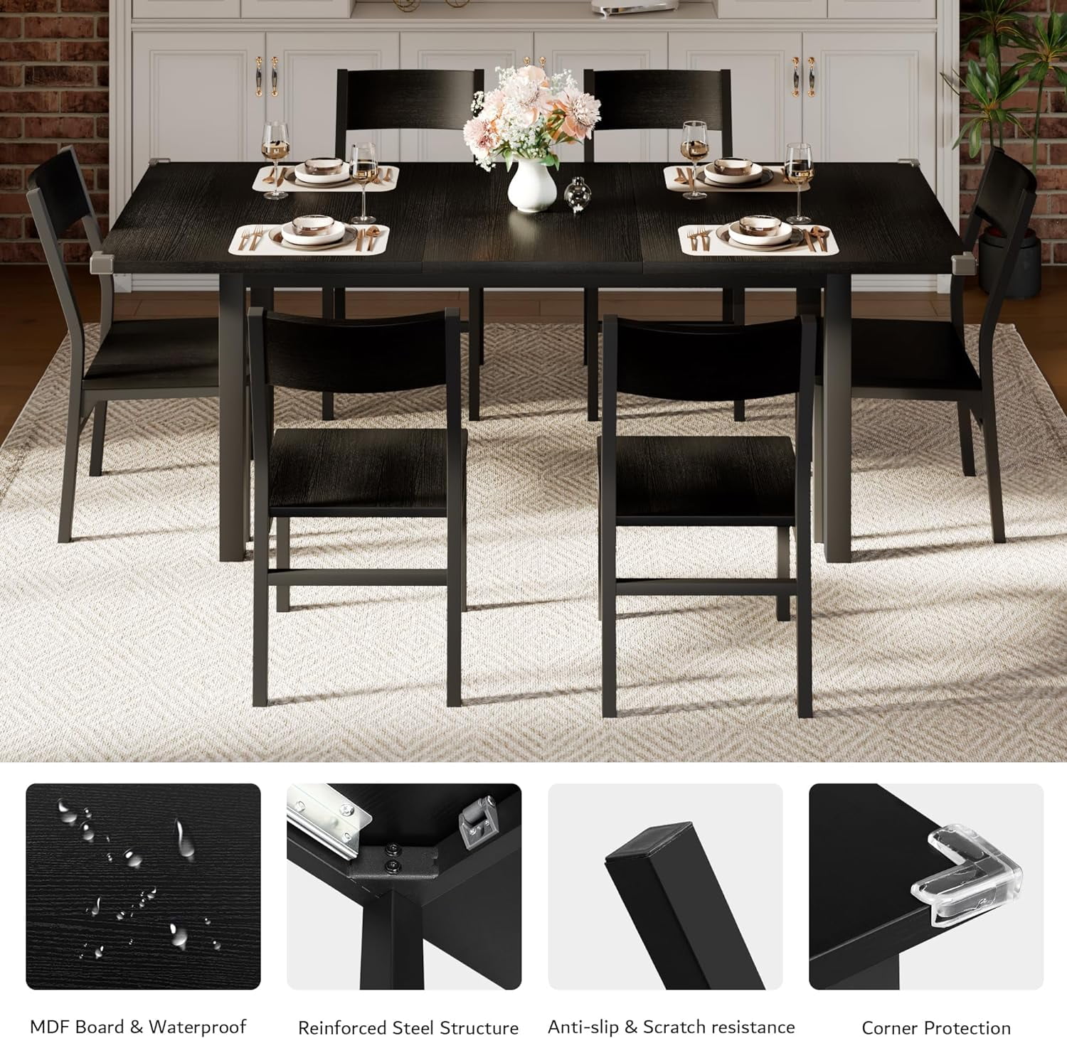 iPormis 63" Extendable Dining Table for 4-8, Square Wooden Dining Room Table with Metal Base, Modern Extendable Table for  Small Kitchens, Dining Office Areas, Black