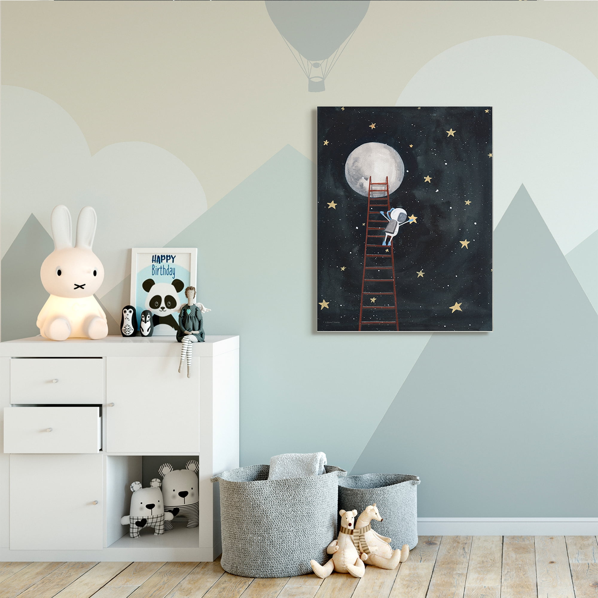 Stupell Industries Astronaut Hanging Stars Outer Space Ladder to Moon Graphic Art Gallery-Wrapped Canvas Print Wall Art, 36x48, by Rachel Nieman