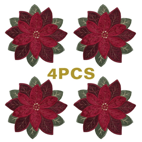 OVZME Christmas Placemats Set of 4, Poinsettia Table Mats with Embroidered and Applique Velvet Fabric Diecut Placemat for XMAS Holiday Tabletop Round Doilies for Dining Table, Red 17X17 Inch