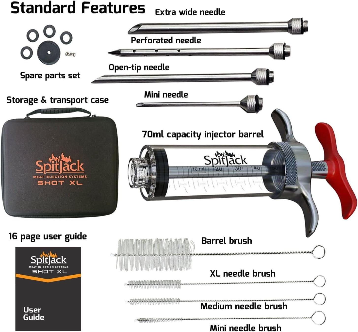 SPITJACK SHOT XL Meat Injector Syringe for BBQ | Turkey, Brisket Marinade Kit with 4 Stainless Steel Needles (70ml) | BBQ Accessories & Cooking Gifts for Men