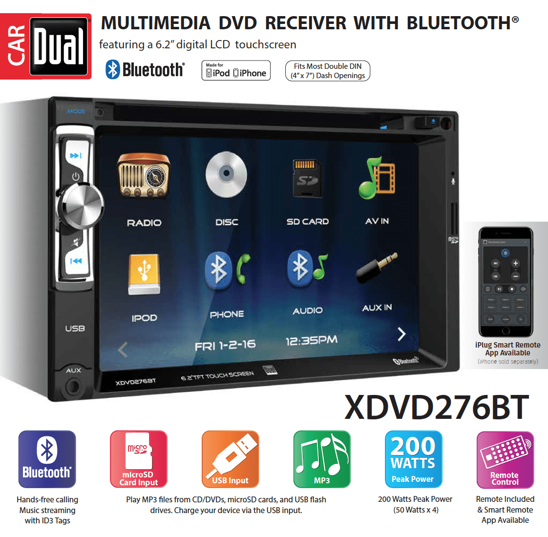 Stoffig besteden musicus Dual Electronics XDVD276BT 6.2 inch LED Backlit LCD Multimedia Touch Screen  Double Din Car Stereo with Built-in Bluetooth, iPlug, CD/DVD Player and  USB/microSD Ports - Walmart.com