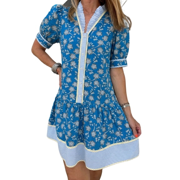 Women's Blue Striped Floral Dress – Casual Short Sleeve A-Line for Summer Outings, XL