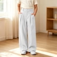 thumbnail image 2 of hotojiny Girls Dress Pants Wide Leg Uniform Pants for Kids Trendy High Waist Pleated Front Formal Pants with Pockets(White,12-13 Years), 2 of 6
