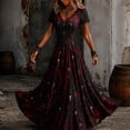 thumbnail image 2 of Luvior Women's Halloween Skeleton Maxi Dress V-Neck Short Sleeve Skull Rose Print Long A-Line Gothic Party Dress, Red, Size L, 2 of 5