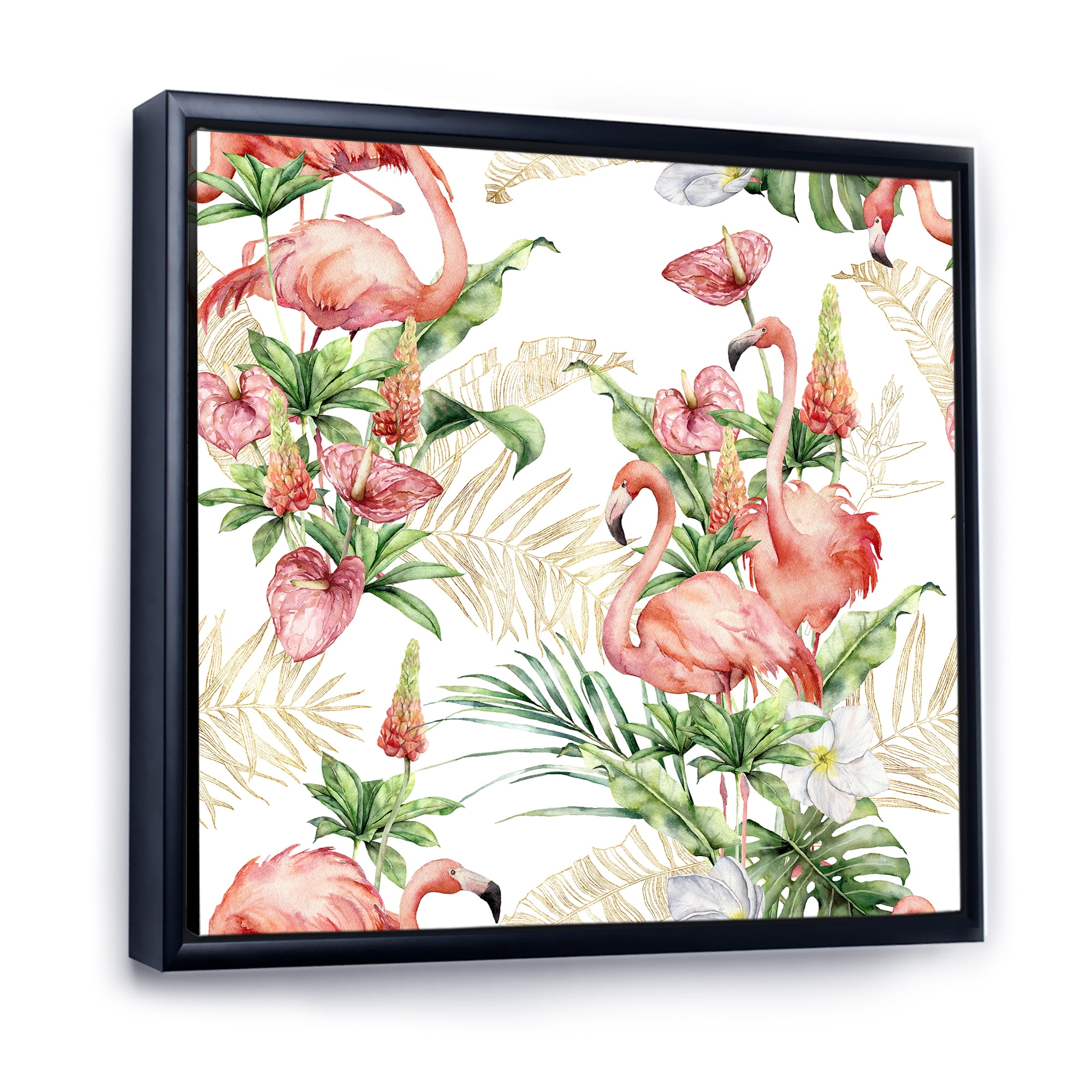 Tropical Flowers & Gold Leaves With Pink Flamingos 36 in x 36 in Framed Painting Canvas Art Print, by Designart