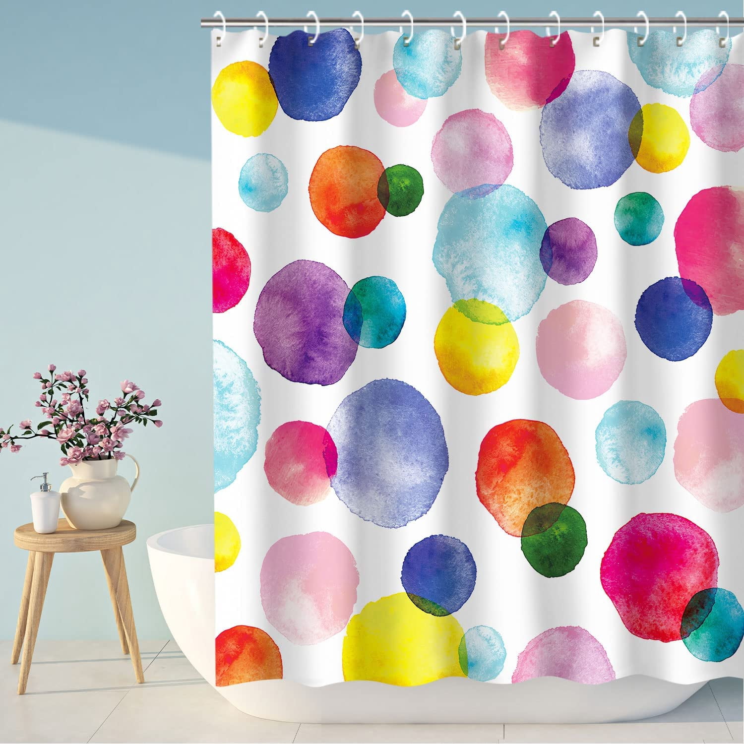 Kids Shower Curtain Set with 12 Hooks, Watercolor Polka Dot Circles Shower Curtain, Waterproof Washable Decor Bathroom Bubble Shower Curtain, 72 x 72 inches, Purple and Orange and Blue