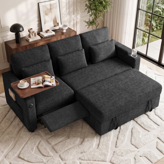 Aenkyo 81" 3-in-1 Convertible Sleeper Sofa with Pull Out Bed and Recliner, Adjustable Backrest, Black