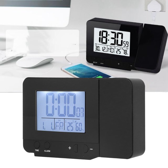 Projection Alarm Clock, LED Digital Clock with Temperature Humidity Test, 7 Language Calendar, 180 Rotation Display, 12H/24H Time System, Home Supplies
