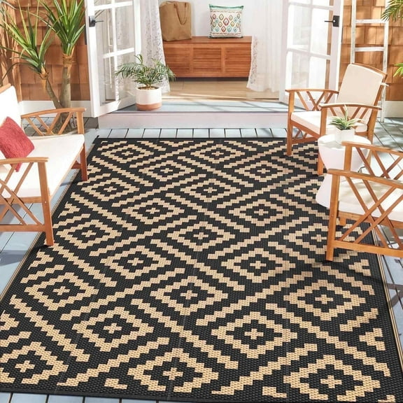 DEORAB Outdoor Rugs Waterproof Plastic Straw Mat 6'x9' Reversible for RV Patio Deck Beach Black & Brown
