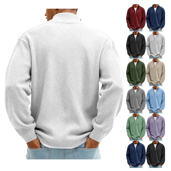 Mens Corduroy Quarter Zip Sweater Mock Neck Long Sleeve Pullover Casual Loose Top White 2XL