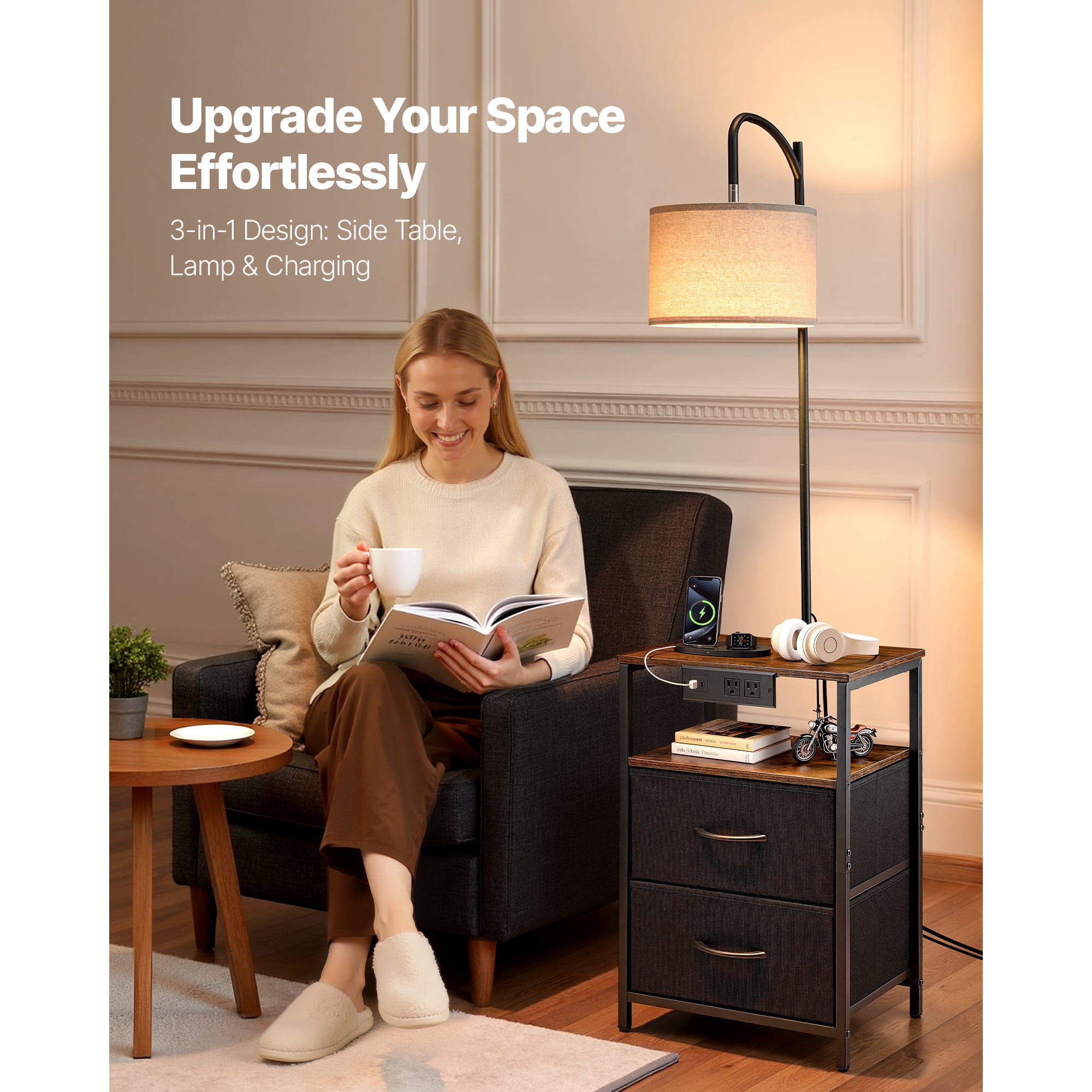 KFFKFF Floor Lamp with Table, End Table with Charging Station, 2 Drawers and Adjustable Lighting, Perfect for Living Room, Bedroom.