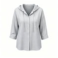 thumbnail image 5 of Qulqfy Cotton Women's Blouses Solid 3/4 Sleeve Casual Fall Gray Drawstring Button Up Hooded Dressy Work Shirts for Women M, 5 of 6