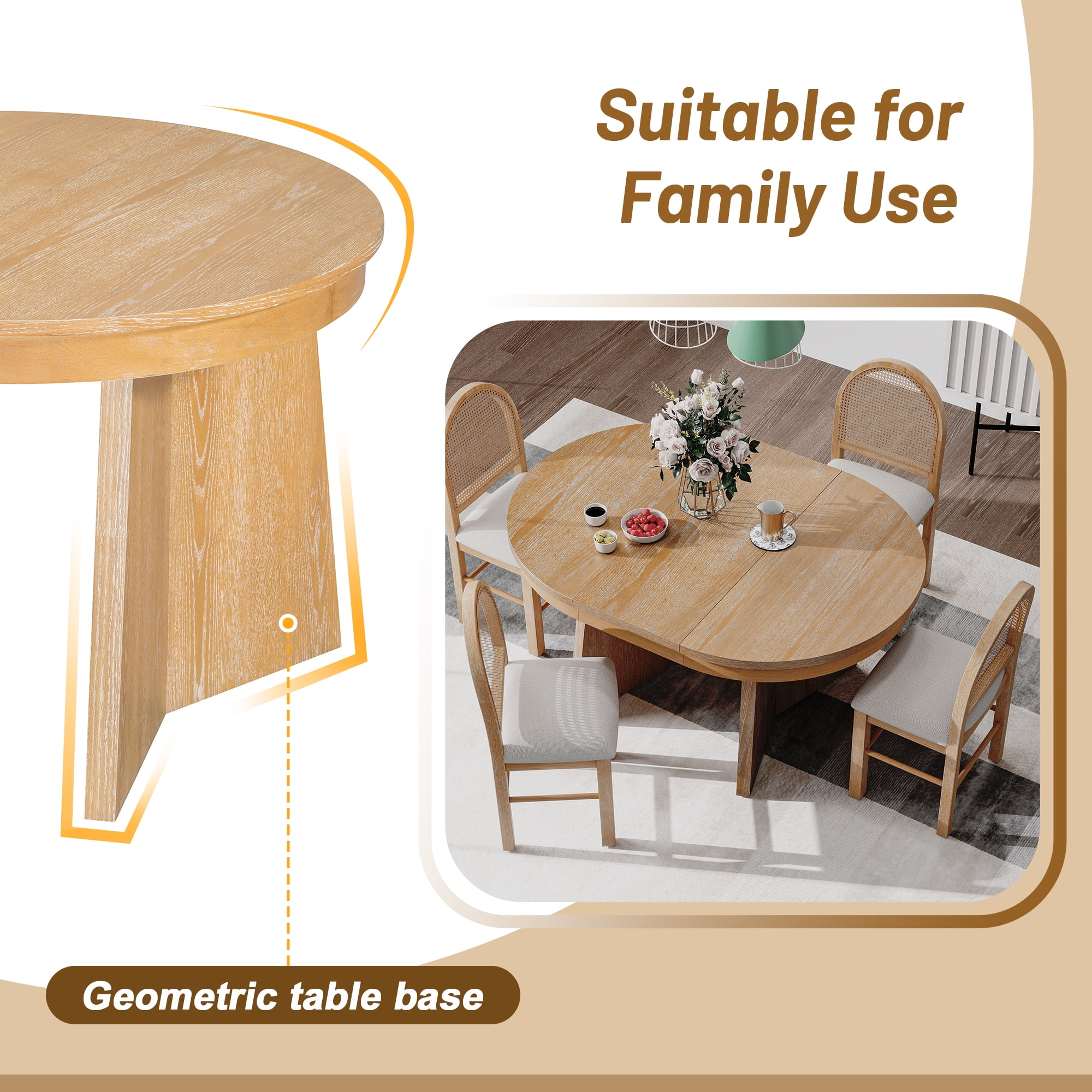 Euroco 5-Piece Round Dining Table Set for 4,Retro Extendable Kitchen Table with 4 Upholstered Chairs,Wood Kitchen Table and Chairs Set for Saving Space,Natural