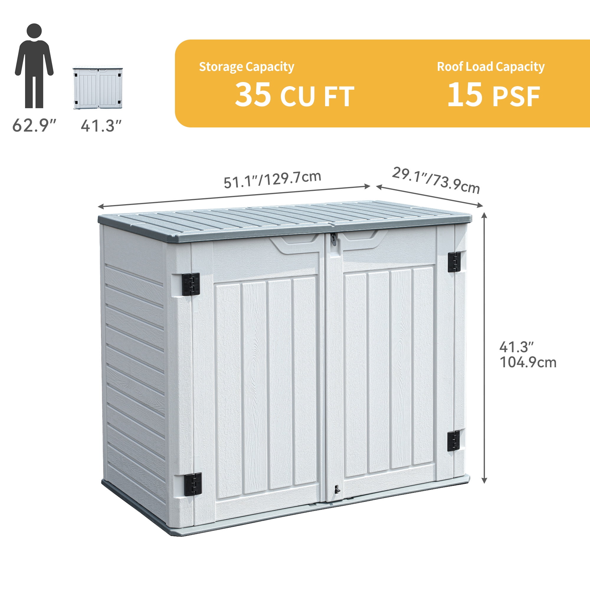 Uforic 35 cu ft Outdoor Horizontal Storage Sheds, Weather Resistant Resin Tool Shed, Multi-Opening Door for Easy Storage of Bike, Trash Cans, Garden Tools, Lawn Mowers, Waterproof, Lockable