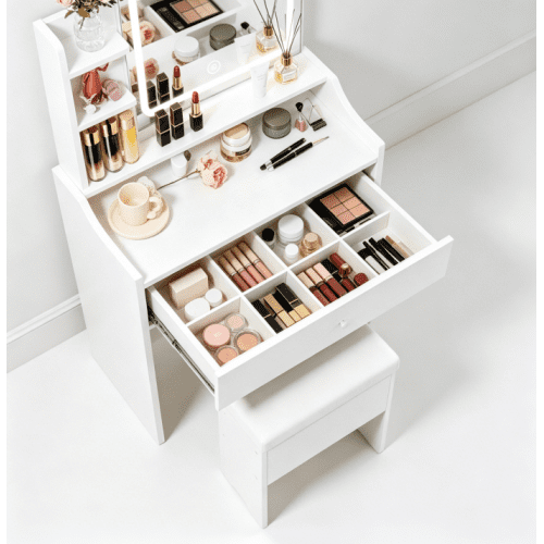 Vanity Set with Smart LED Mirror, Makeup Table with 3 Color Lighting, Storage & Charging Station – Compact Dressing Table for Bedroom, Dorm & Small Spaces, White
