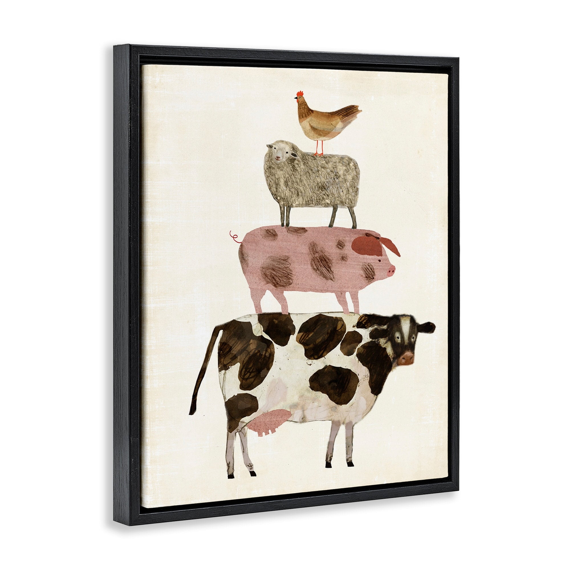 Stupell Industries Cow Sheep Pig and Chicken Barnyard Buds Stacked Farm Animals Jet Black Framed Floating Canvas Wall Art, 24x30, by Victoria Borges