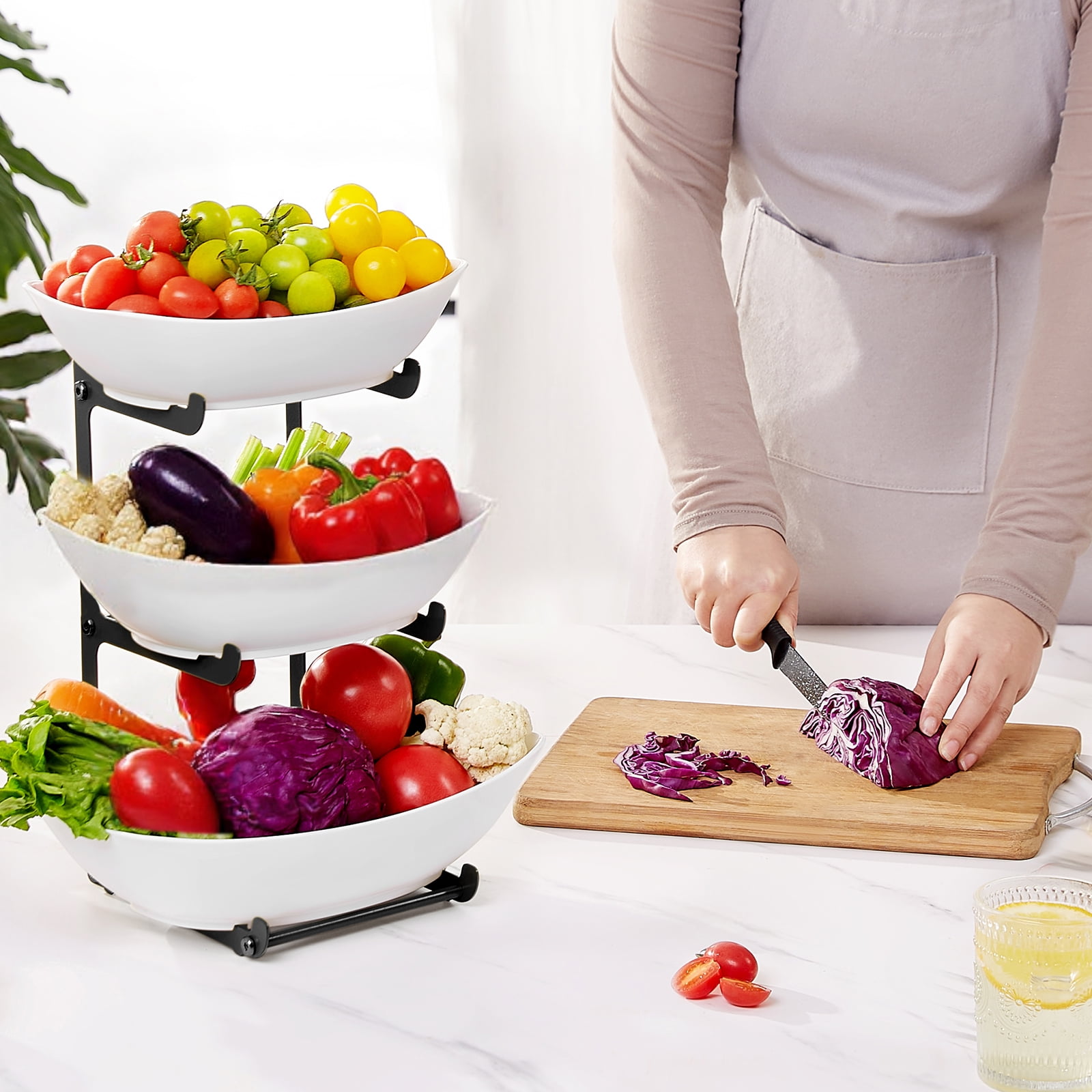 Lifewit Plastic Fruit Bowl Basket for Kitchen Countertop, 3 Tier Fruit Holder with Black Metal Stand, Serving Tray for Food, Vegetable, Cake, Dessert in Party
