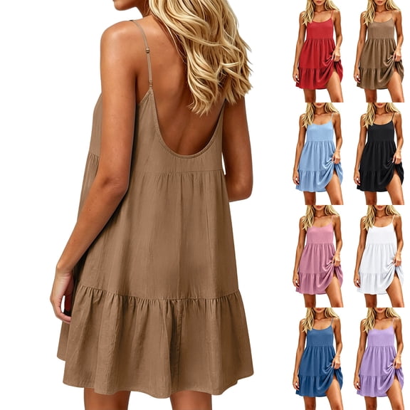 Tqcoqu Women's Adjustable Spaghetti Strap Backless Dresses,Tiered Ruffle Mini Dress with Pockets,Black Women's S-XXL