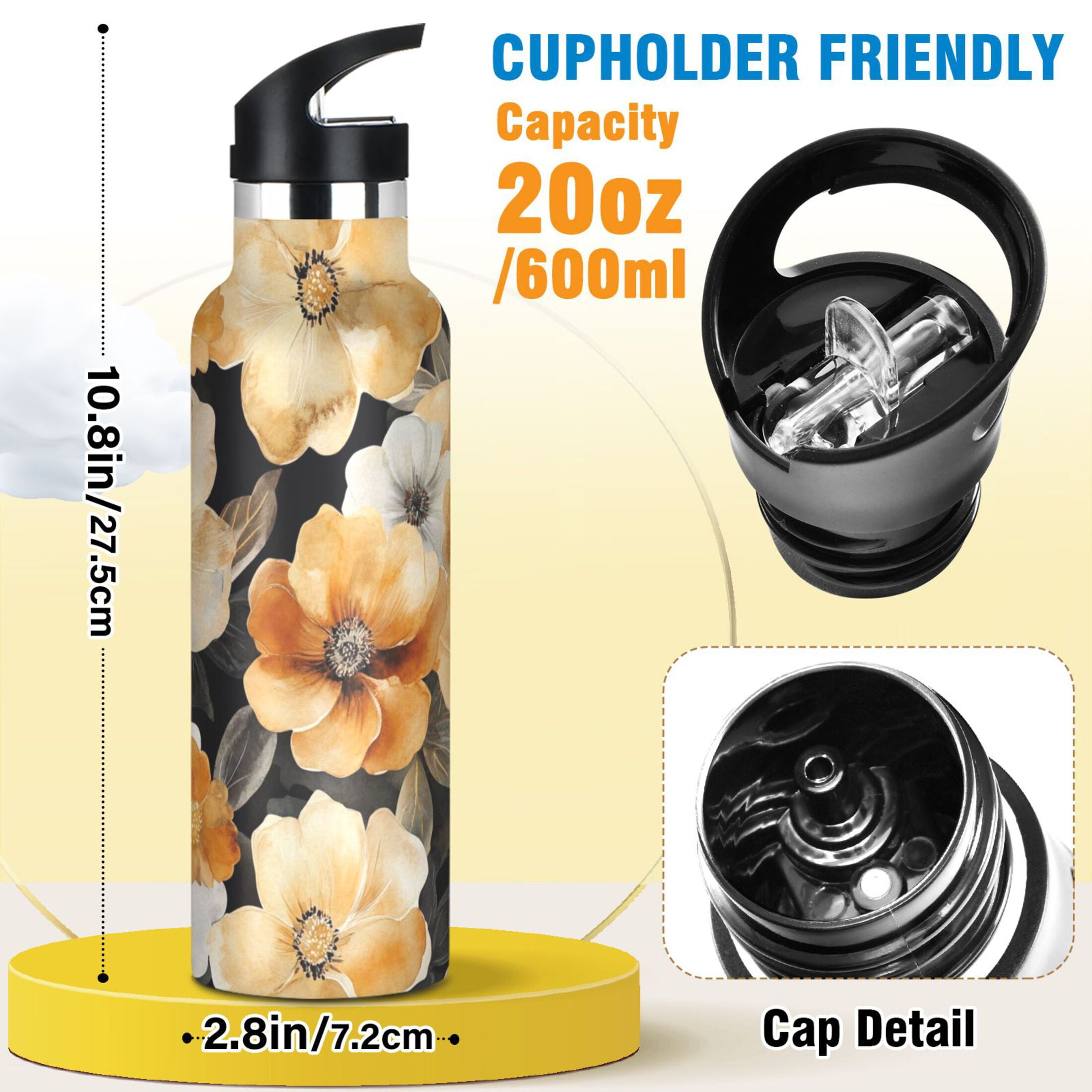 600ML Stainless Steel Insulated Cup Sports Water Bottle Portable Thermos Cup Water Glasses Insulated Tumblers Convenient and Durable Cartoon Gold Flowers Seamless
